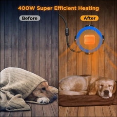 TURBRO Neighborhood dog house heater close-up shows 400W label and metal housing for durability.