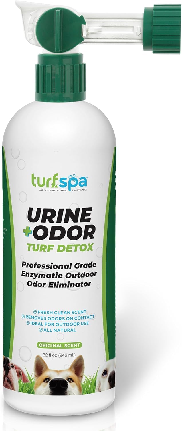 TurfSpa Urine Detox bottle pour shows rapid odor removal for turf and patios.