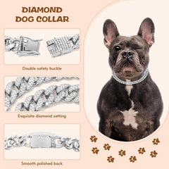 TVTOO silver-diamond embellished Cuban link collar closeup showing durable zirconia sparkle.