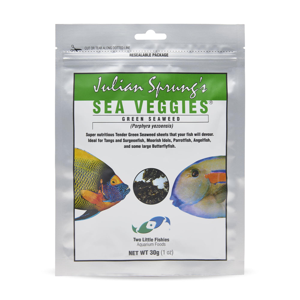 Two Little Fishies Sea Veg-Green Seaweed package front—natural snack for herbivorous reef fish.