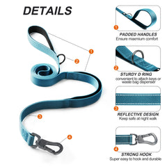TwoEar blue leash with traffic handle for extra control during busy outdoor runs.