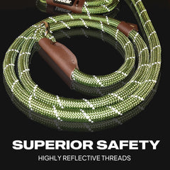 TwoEar Slip Lead green reflective threads boost nighttime visibility during walks.