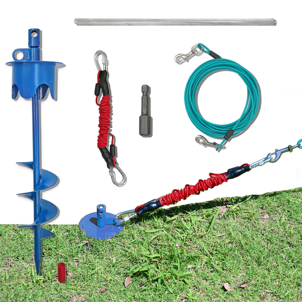 Tyalez dog stake on ground ready for secure outdoor tethering.