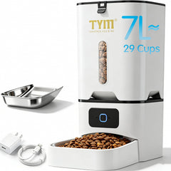 TYM automatic cat feeder front view with large 7L capacity for extended feeding.