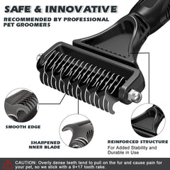 UGNEL undercoat rake 9-tooth close-up for mats and tangles in medium to long hair.