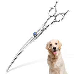 ULG curved dog shears 7in blade close-up highlighting sharp 440C steel for clean cuts.