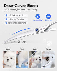 ULG curved dog shears ergonomic-handle in-use shot highlights lightweight comfort.