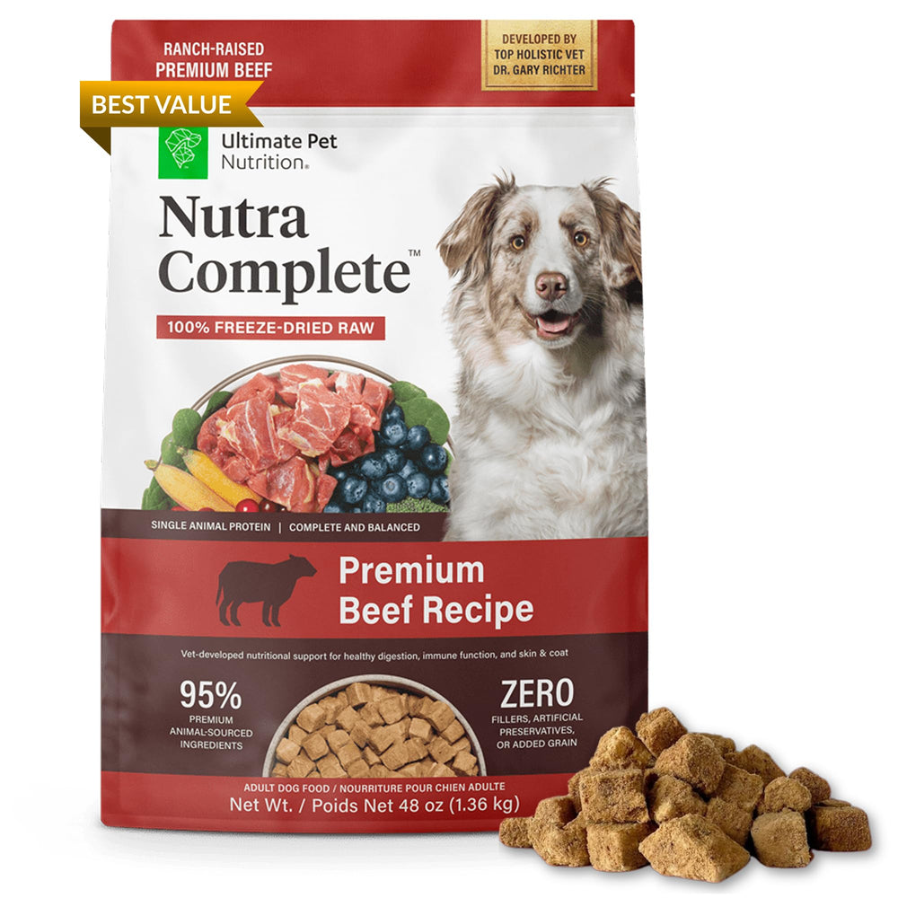 Ultimate Pet Nutrition Nutra Complete freeze-dried beef bites for easy digestion