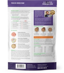 Ultimate Pet Nutrition Nutra Complete freeze-dried pork close-up emphasizes protein-dense goodness for daily meals