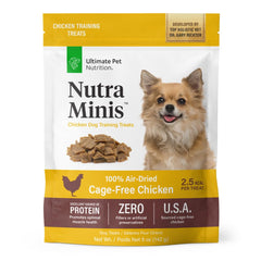 ULTIMATE PET NUTRITION Nutra Minis open-pack showing high-value training rewards for dogs