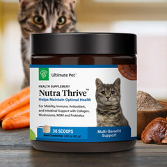 Nutra Thrive cat vitamins-minerals image emphasizes essential nutrients for whole-body health.