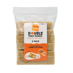 Ultra Chewy bacon-cheese double-treat bones packaged, ideal for on-the-go rewards and lasting chews.