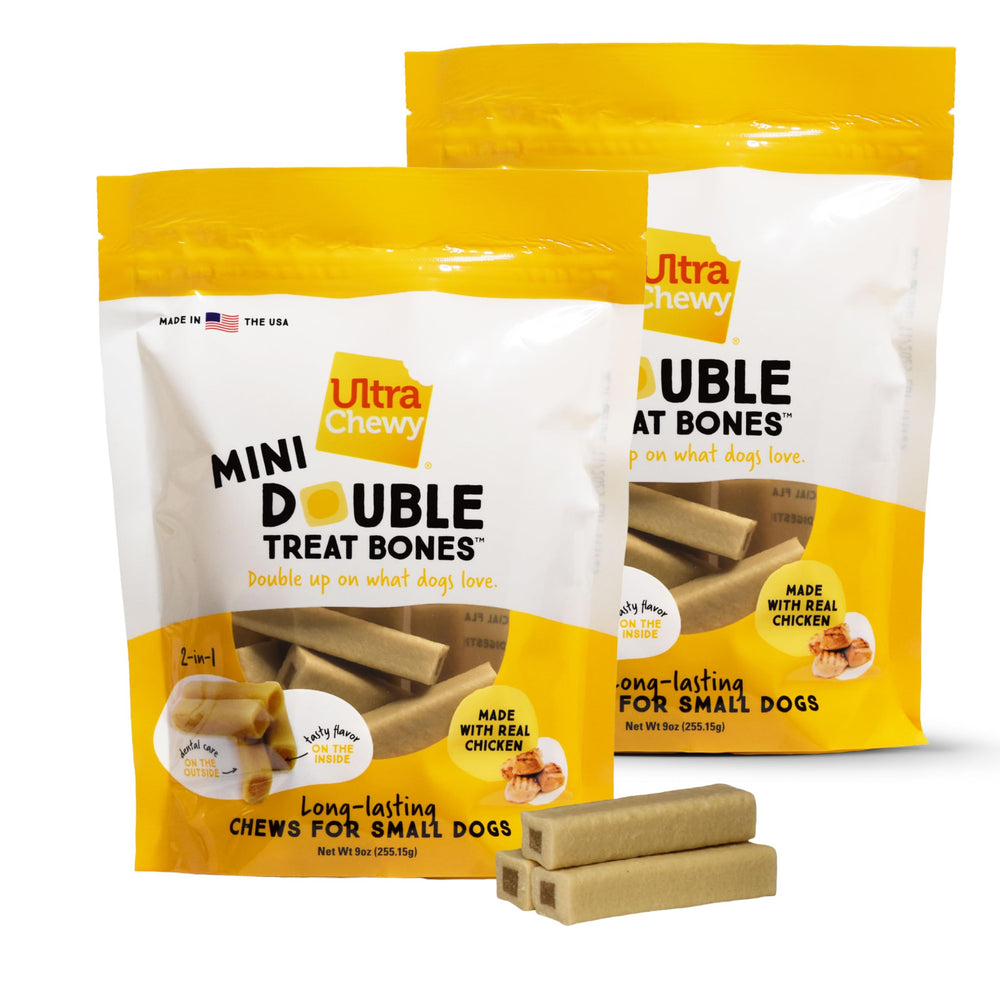 Ultra Chewy Mini Double Treat Bones packaging shows a long lasting chew for aggressive chewers