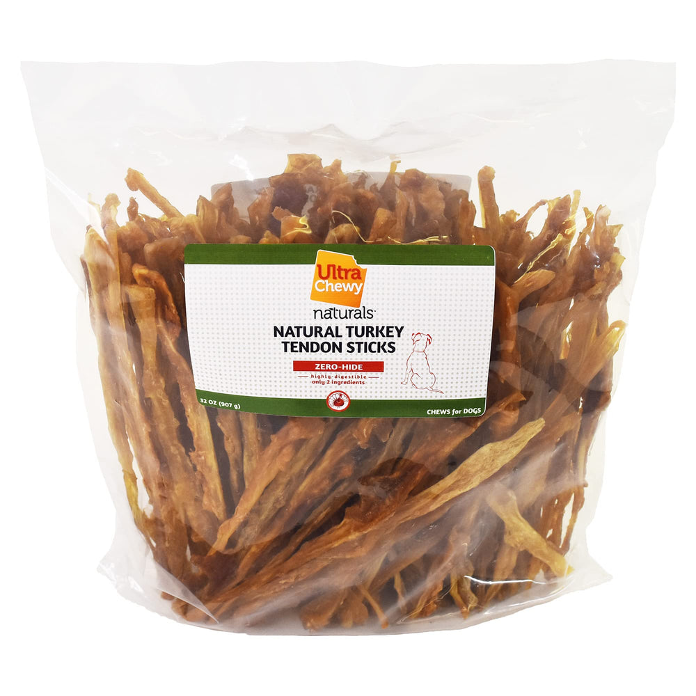 Ultra Chewy turkey tendon sticks pack closeup showing long-lasting chew for dogs.