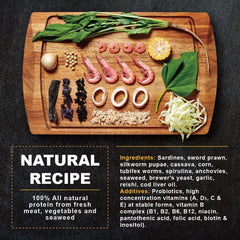 Ultra Fresh Apex guppy food ingredients list shows sword prawns and spirulina for nourishment