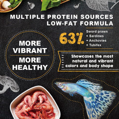 Ultra Fresh Apex guppy food packaging front highlights natural ingredients and compact size