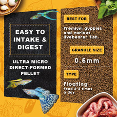 Ultra Fresh Apex guppy food pellets closeup reveals textured pellets for easy consumption