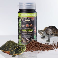 Ultra Fresh turtle food close-up shows prawns and vegetables for balanced nutrition