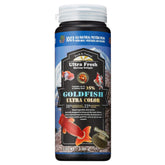 Ultra Fresh Sinking Goldfish Food packaging highlights color-enhancing diet for vibrant goldfish.