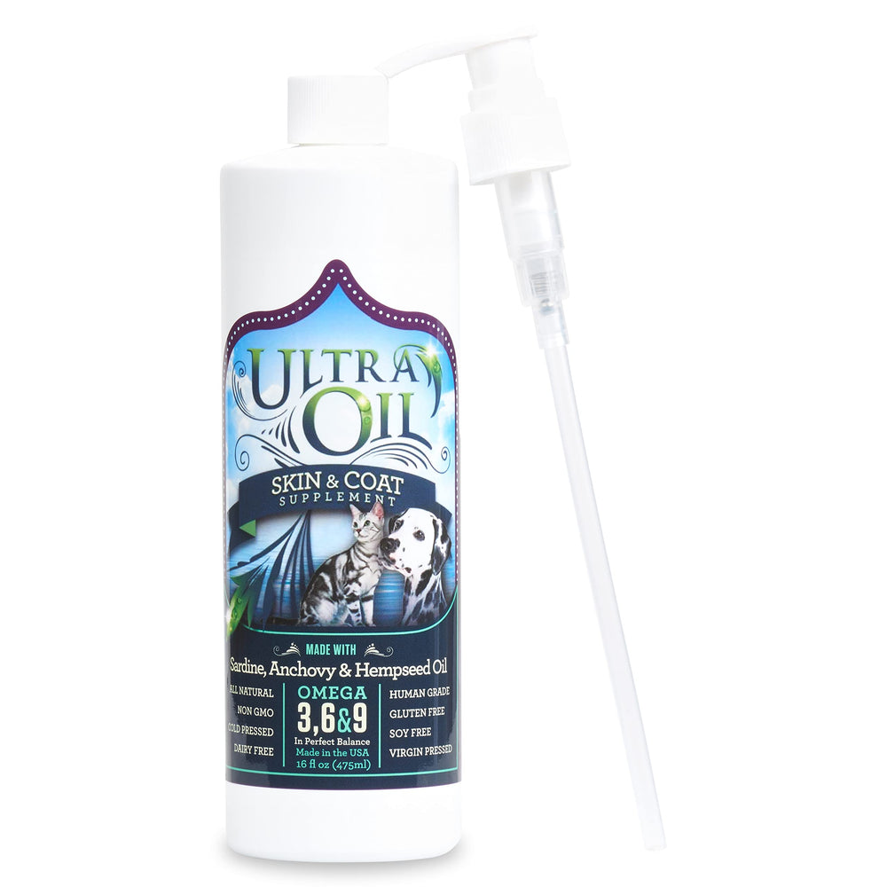 Ultra Oil Skin & Coat bottle-pour demonstrates easy dosing for dogs and cats.