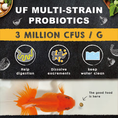 Ultra Fresh balanced diet pellets showing protein-vegetable mix for steady goldfish development.