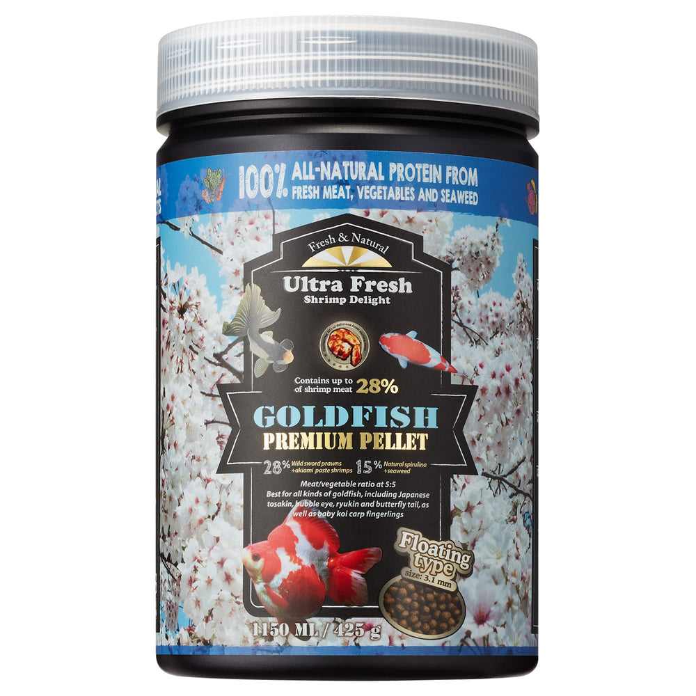 Ultra Fresh floating goldfish food pellet, 3mm size, for easy feeding and digestion.