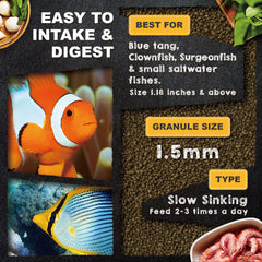 Ultra Fresh Marine Fish Food color-enhancement features natural seaweed and spirulina to intensify natural colors