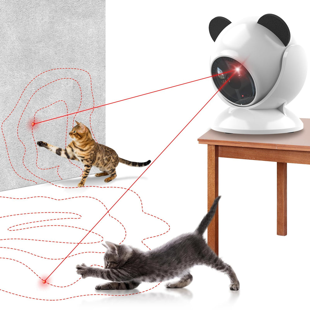 Umosis Automatic Cat Laser Toy on a desk showing a random laser pattern for indoor play