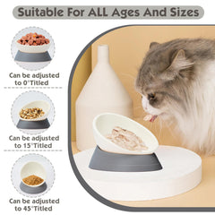 Umysky bowl adjustable-base tilt demonstrates comfortable feeding height for small pets.