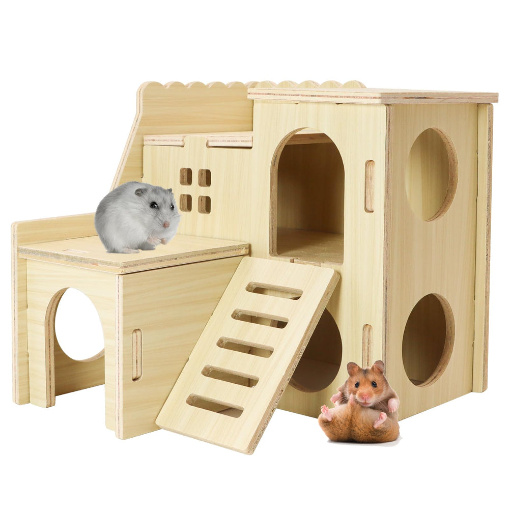 Uncle Yang Tiny Hamster Maze Wood House front view, a compact hideout for small cages.