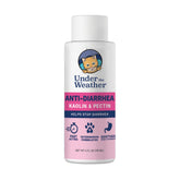 Under the Weather anti-diarrhea liquid cat bottle front suggests stomach comfort for pets.