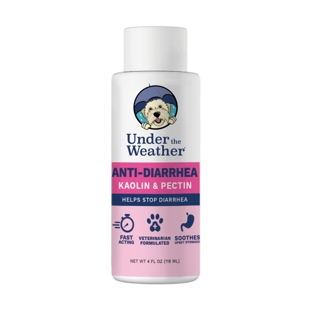 Under the Weather anti-diarrhea liquid for dogs bottle offering gentle gut support.
