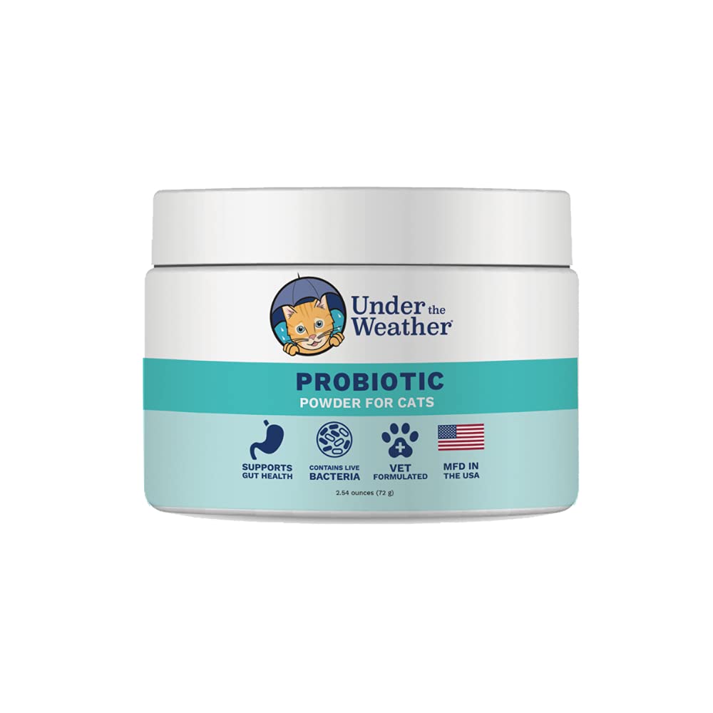 Under the Weather Cat Probiotics Powder bottle close-up highlighting high CFU digestive support