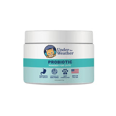 Under the Weather Cat Probiotics Powder bottle close-up highlighting high CFU digestive support