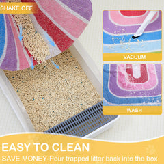 Unicorn Catcher cat litter mat shaped rainbow fits two-box setups.