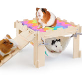 Unicorn Catcher guinea pig hideout hammock on wooden house provides cozy retreat and daytime exploration.