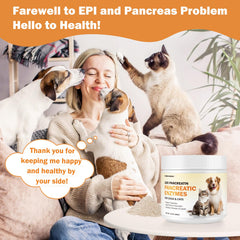 Unipomme Pancreatic Enzymes for Dogs powder being poured into moist food for digestion support
