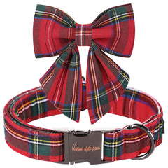 Unique Style Paws Christmas dog collar with bow tie in red plaid, comfortable for holiday photos.