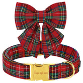 Unique Style Paws Christmas dog collar with bow tie in Scottish plaid for festive walks.
