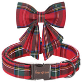 Unique style paws Christmas dog collar in red plaid with removable bow tie