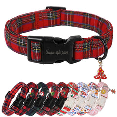 Unique Style Paws Christmas dog collar with red Scottish grid pattern for festive dogs.
