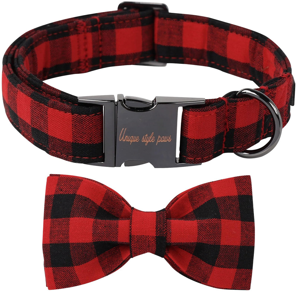 Unique Style Paws cotton dog collar with bow offers soft daily comfort in black-red plaid.