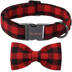 Unique Style Paws cotton dog collar with bow offers soft daily comfort in black-red plaid.