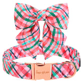 Unique Style Paws dog collar with tie in pink-green plaid front view for holiday-ready style