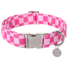 UP URARA PUP dog collar pink plaid closeup shows soft cotton and durable buckle.