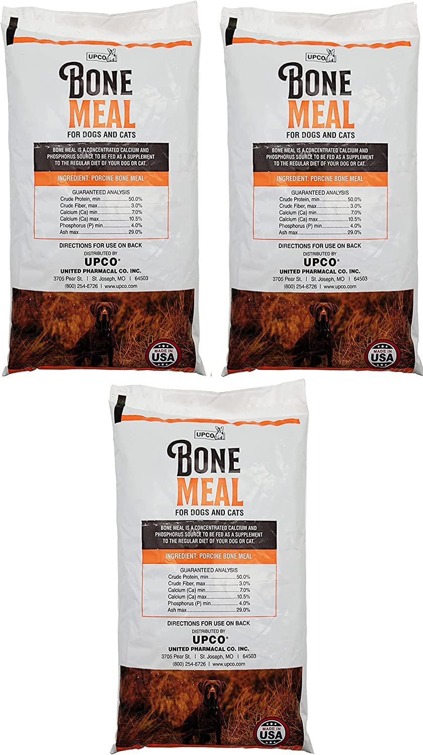 UPCO Bone Meal Powder packaging closeup shows calcium and phosphorus support for pets
