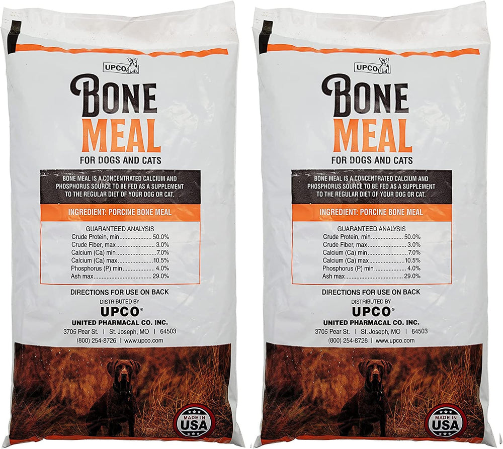 UPCO bone meal two-bags packaging showing two 1lb bags of USA-made supplement for balanced calcium and phosphorus.