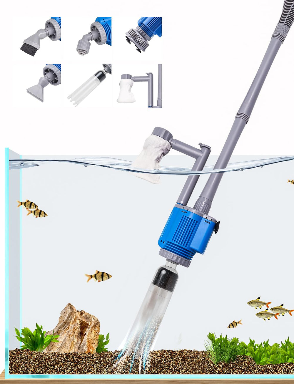 UPETTOOLS aquarium gravel cleaner assembly shows 6-in-1 setup for easy maintenance.