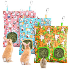 UPINS 3 hay bag for rabbits hanging with two feeding holes.
