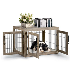 Upolana dog crate furniture front view shows space-saving, stylish pet housing.